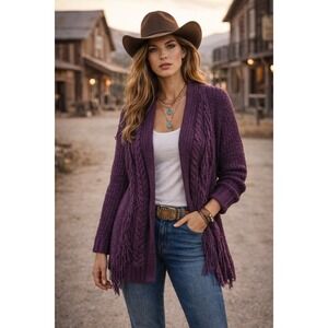 Margeaux and Ellie Cardigan Women XL Purple Open Chunky Knit Texture Fringe Boho